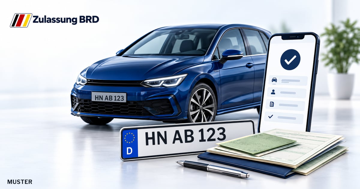 Online Fahrzeugzulassung in Brackenheim: Musterkennzeichen HN AB 123, Auto und Fahrzeugpapiere und Smartphone. Illustration mit Logo von Zulassung BRD.